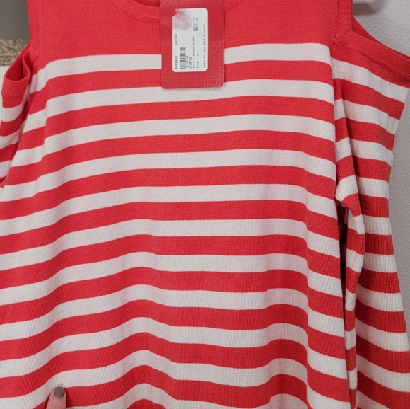Jamison Evereve NWT Blood Orange White Striped Cold Shoulder Sweater Size Large - Picture 9 of 10